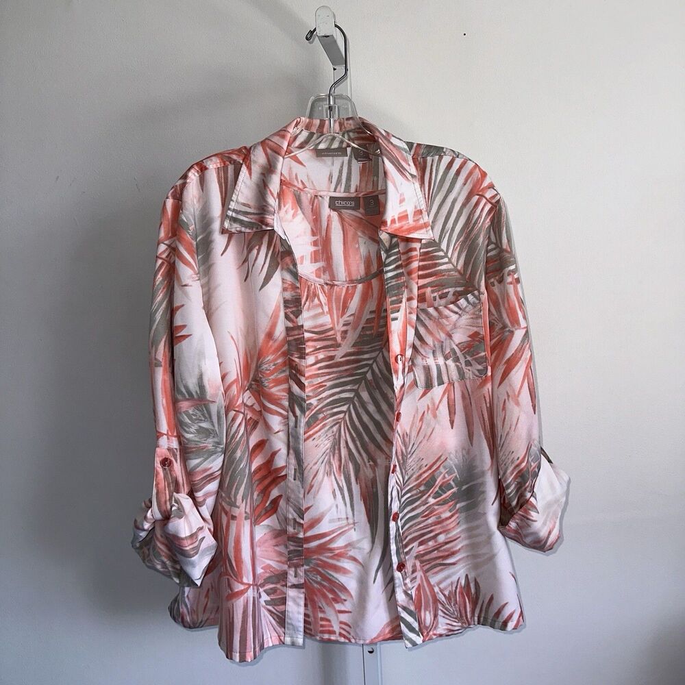 Chico's Tank Top & Blouse Shirt Set XL Peach Tan Palm Tropical Leaf Pattern